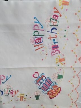 Happy Birthday White Party Tablecloth with Multicolor Embroidery